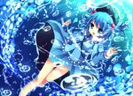  bad_id bad_pixiv_id bare_legs barefoot blue_hair bubble dress hair_bobbles hair_ornament hands_up hat kawashiro_nitori key legs light_rays long_sleeves open_mouth pocket shimotsuki_eri shirt short_hair skirt skirt_set smile solo sunbeam sunlight touhou two_side_up underwater wet wet_clothes 