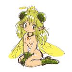  bee_girl breasts green_hair insect_girl long_hair lowres monster_girl nipples nude original pointy_ears pukao simple_background small_breasts solo white_background wings yellow_eyes 