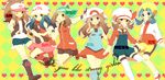  6+girls 6girls baseball_cap blue_(pokemon) blue_eyes blue_hair blush brown_hair crystal_(pokemon) english frown green_eyes haruka_(pokemon) hat heart hikari_(pokemon) jumping kotone_(pokemon) leaf_(pokemon) long_hair multiple_girls open_mouth overalls pointing pokemon pokemon_(game) pokemon_black_and_white pokemon_bw pokemon_firered_and_leafgreen pokemon_heartgold_and_soulsilver pokemon_hgss pokemon_rgby ponytail scarf short_hair shorts skirt smile standing_on_one_leg thighhighs touko_(pokemon) twintails vest white_(pokemon) white_legwear white_thighhighs wink 