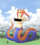  anger_vein angry censor_bar clenched_teeth fourth_wall giantess jewelry lamia laughing miniboy monster_girl naga nature navel nude pink_hair pointing ponytail red_eyes topless watermark 