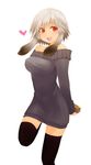  animal_ears arms_behind_back bare_shoulders brown_eyes bunny_ears chocolate covered_nipples dress h_(158cm) heart highres original short_hair solo sweater sweater_dress thighhighs white_hair zettai_ryouiki 