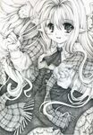  ascot baton_(instrument) blush buttons dress greyscale hands lace long_hair looking_at_viewer millipen_(medium) monochrome original petticoat plaid pointy_ears scarf shinonome86 smile solo traditional_media wings 