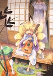  :d acoustic_guitar angry animal_ears barefoot blonde_hair blood brown_hair cat_ears cat_tail chen chopsticks clenched_hand closed_eyes feet food fox_ears fox_tail guitar hat head_out_of_frame highres instrument kouzilow multiple_girls multiple_tails music nekomata no_hat no_headwear open_mouth scared singing sitting smile tail touhou yakumo_ran yakumo_yukari 