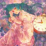  bow chain clock green_hair hat kazami_yuuka kazami_yuuka_(pc-98) long_hair lying nightcap nightgown on_side pocket_watch red_eyes solo star stuffed_animal stuffed_toy teddy_bear touhou touhou_(pc-98) watch xero 