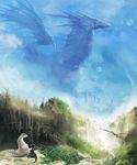  creature dragon fangs grass highres monster moon nature nejita no_humans pixiv_fantasia pixiv_fantasia_5 planet sky teeth valley water waterfall wings 