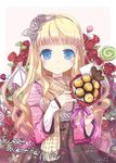  bat_wings blonde_hair blue_eyes blush candy casual chocolate colored_eyelashes flower food gift_bag hair_flower hair_ornament hairband heart jewelry jin_young-in lollipop long_hair md5_mismatch nail_polish necklace open_bag open_gift original red_flower red_rose ribbon rose scarf solo valentine wavy_hair wings 