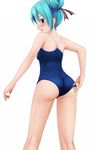  adjusting_clothes adjusting_swimsuit ass blue_eyes blue_hair blush competition_school_swimsuit eto from_behind hair_bun hair_up hatsune_miku highres looking_back mole mole_on_body one-piece_swimsuit simple_background swimsuit vocaloid water_drop wedgie wet 