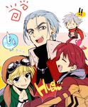  ^_^ ahoge alfred_schrodinger bad_id bad_pixiv_id blonde_hair blue_eyes blue_hair closed_eyes earrings goggles goggles_on_head grey_eyes grey_hair happy hat heart hug jacket janus_cascade jet_enduro jewelry jude_maverick light_blue_hair male_focus merii multiple_boys necklace open_mouth red_hair scarf shirt smile spiked_hair sweat sweatdrop wild_arms wild_arms_3 wild_arms_4 