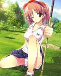  absurdres brown_hair copyright_request golf_club hat highres misakura_nankotsu one_knee panties pantyshot pantyshot_(one_knee) red_eyes short_hair solo thumbs_up tree underwear 