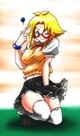  1girl bakugan bakugan_battle_brawlers blonde_hair blue_eyes genderswap glasses marukura_chouji one_eye_closed school_uniform short_hair smile solo thighhighs white_legwear wink 