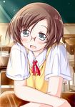  brown_hair classroom desk glasses green_eyes mad_(hazukiken) ore_no_imouto_ga_konna_ni_kawaii_wake_ga_nai school_desk school_uniform short_hair solo sweater_vest tamura_manami 