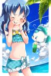  &gt;_&lt; beach bikini blue_hair closed_eyes coffret_(heartcatch_precure!) day drink food frills glass heartcatch_precure! highres ice_cream ice_cream_float kurumi_erika long_hair melon_soda precure skirt solo spoon swimsuit tottsuan 