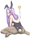  animal_ears ass blush bunny_ears bunny_tail bunnysuit fate/stay_night fate_(series) feet glasses kikuta leotard long_hair looking_back open_mouth pantyhose purple_eyes purple_hair rider solo tail traditional_media very_long_hair 