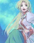  :d blonde_hair cecilia_lynne_adelhyde chopsticks comet dress furuu green_eyes happy jewelry juliet_sleeves long_hair long_sleeves lowres night oekaki open_mouth plate puffy_sleeves sky smile solo star wild_arms wild_arms_1 yakisoba 