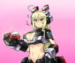  1girl ahoge annoyed aquila_girl armor athletic blonde_hair blue_eyes blush breasts cleavage_cutout clenched_teeth cosmic_break cum cum_on_body cum_on_breasts cum_on_upper_body frown groin looking_at_viewer midriff navel nipples skj small_breasts solo teeth 