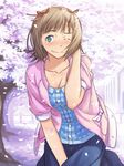  adjusting_hair amami_haruka blue_eyes blush breasts brown_hair casual cherry_blossoms cleavage idolmaster idolmaster_(classic) inu_(aerodog) large_breasts one_eye_closed petals skirt smile solo tree wavy_mouth wind 