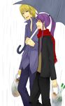  2boys kamui_gakupo leek leon_(vocaloid) long_hair multiple_boys rain scarf spring_onion umbrella vocaloid 