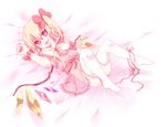  alternate_wings babydoll blonde_hair flandre_scarlet heart heart-shaped_pupils hiyosuke_(ak_love) lingerie lying nail_polish panties panties_around_one_leg pink_eyes ribbon side-tie_panties side_ponytail solo symbol-shaped_pupils thighhighs touhou underwear untied wings 