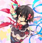  adapted_costume asymmetrical_wings bad_id bad_pixiv_id black_hair black_legwear dress houjuu_nue magical_girl one_eye_closed polearm red_eyes short_hair snake solo thighhighs touhou trident unjou_takehiro weapon wings 