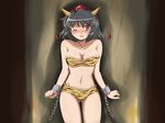  animal_print bare_shoulders bikini black_hair blush breasts chain chained cleavage cuffs flx hat highres horns large_breasts looking_at_viewer md5_mismatch navel oni open_mouth red_eyes shackles shameimaru_aya short_hair smile solo swimsuit tiger_print tokin_hat touhou wince 