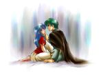  aqua_eyes aqua_hair arm_support barefoot bed blue_eyes blue_hair brother_and_sister cape chin_grab eirika ephraim eye_contact fire_emblem fire_emblem:_seima_no_kouseki fire_emblem_sacred_stones incest incipient_kiss long_hair looking_at_another pants prince princess short_hair siblings sitting skirt 
