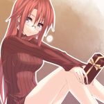  aty_(summon_night) bottomless gift glasses grey_eyes heart holding holding_gift red_hair ribbed_sweater silve solo summon_night summon_night_3 sweater valentine 