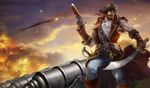  antique_firearm artist_request battle beard belt cannon cloud facial_hair firearm firelock flintlock gangplank gun handgun hat knife league_of_legends male_focus mustache official_art pirate pirate_hat pistol solo sunset sword vest weapon 