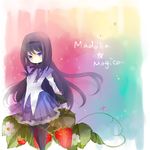  akemi_homura black_hair blue_eyes copyright_name flower food fruit hisagi leaf long_hair mahou_shoujo_madoka_magica pantyhose purple_eyes rainbow_background solo strawberry strawberry_blossoms tears 