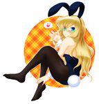  akatsuki_(akatsukishiki) animal_ears blonde_hair blue_eyes blush bunny_ears bunny_tail bunnysuit glasses hands heart highres long_hair original pantyhose smile solo spoken_heart tail 