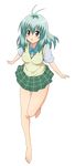  absurdres barefoot blush green_hair highres legs long_hair miniskirt photoshop purple_eyes render run_elsie_jewelria school_uniform skirt thighs to_love-ru toloveru 