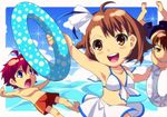  2boys :d :o ahoge bare_arms barefoot bikini blue_eyes blush brown_eyes brown_hair chibi cloud day enoo frown hair_ornament hairpin happy innertube jude_maverick kresnik_ahtreide multiple_boys open_mouth red_hair ribbon sarong short_hair shorts sky smile sparkle surprised swimsuit white_bikini_top white_sarong wild_arms wild_arms_4 yulie_ahtreide 