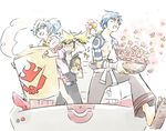  2011_sendai_earthquake_and_tsunami 2boys ? adafada alternate_hairstyle bad_id bad_pixiv_id basket blonde_hair blue_hair flower kamina kittan multicolored_hair multiple_boys nia_teppelin pot shirtless tengen_toppa_gurren_lagann two-tone_hair 