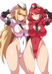  2girls alternate_costume bangs black_clothes blonde_hair breasts cammy_white cammy_white_(cosplay) cleavage cleavage_cutout cosplay curvy earrings eyes_visible_through_hair fingerless_gloves frown gloves gluteal_fold hair_ornament heart_cutout highres hikari_(xenoblade_2) homura_(xenoblade_2) huge_breasts jewelry konno_tohiro large_breasts leotard long_hair looking_at_viewer multiple_girls necktie nintendo pose red_eyes red_hair salute shadaloo_dolls shiny shiny_clothes shiny_hair shiny_skin short_hair smile street_fighter swept_bangs tareme thighs tsurime very_long_hair xenoblade xenoblade_(series) xenoblade_2 yellow_eyes 