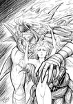  1girl arms_up bad_id bad_pixiv_id breasts dissidia_012_final_fantasy dissidia_final_fantasy final_fantasy final_fantasy_vi final_fantasy_x fingernails greyscale headband height_difference jecht long_hair medium_breasts mimura monochrome nude serious sketch tina_branford trance_tina_branford 