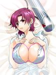  bazett_fraga_mcremitz bed blush breast_mousepad breast_squeeze breasts dress_shirt earrings fate/hollow_ataraxia fate/stay_night fate_(series) jewelry large_breasts lying mgk968 mousepad no_bra open_clothes open_shirt purple_eyes purple_hair shirt short_hair sleeves_pushed_up solo unbuttoned 