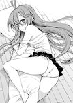  ahoge ass bad_id bad_pixiv_id bare_legs barefoot blush body_pillow denpa_onna_to_seishun_otoko greyscale highres long_hair monochrome off_shoulder panties pillow pillow_hug school_uniform skirt solo touwa_erio trefoil underwear uousa-ou 