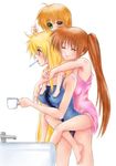  bad_anatomy barefoot blonde_hair blush brown_hair fate_testarossa heterochromia hug long_hair lyrical_nanoha mahou_shoujo_lyrical_nanoha_strikers mahou_shoujo_lyrical_nanoha_vivid multiple_girls panties side_ponytail smile takamachi_nanoha toothbrush underwear very_long_hair vivio watercolormark yuri 