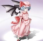  bat_wings blue_hair dress hat hat_ribbon pink_dress red_eyes remilia_scarlet ribbon short_hair solo tkln touhou wings wrist_cuffs 