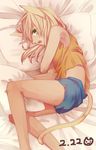  animal_ears bad_id bad_pixiv_id blonde_hair cat_ears cat_tail green_eyes inazuma_eleven inazuma_eleven_(series) maico_(a218) male_focus miyasaka_ryou otoko_no_ko pillow shorts solo tail tan 