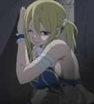  bandage bandages blonde_hair breasts brown_eyes cap fairy_tail highres lucy_heartfilia no_bra photoshop screencap side_boob sideboob stitched torn_clothes 