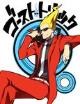  bandana blonde_hair cat cat_(ghost_trick) formal ghost_trick grin jacket male_focus necktie pants pointy_hair red_pants sacchin_(yama) sissel sitting slit_pupils smile solo suit sunglasses 