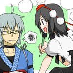  1girl ahoge black_eyes black_hair blush glasses grey_hair hat morichika_rinnosuke pen sag_(karehabase) shameimaru_aya short_hair squiggle touhou wings yellow_eyes 