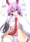  animal_ears areola_slip areolae bad_id bad_pixiv_id blazer blush breasts bunny_ears face highres jacket long_hair looking_at_viewer medium_breasts necktie open_clothes open_shirt panties purple_hair red_eyes red_neckwear reisen_udongein_inaba shirt solo striped striped_panties thighhighs touhou underwear uousa-ou 