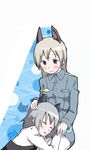  animal_ears bad_id bad_pixiv_id blonde_hair blue_eyes blush closed_eyes eila_ilmatar_juutilainen hand_on_another's_head lap_pillow long_hair lying military military_uniform multiple_girls pantyhose robin16 sanya_v_litvyak short_hair silver_hair sitting sleeping smile strike_witches uniform white_legwear world_witches_series 