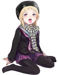  bad_id bad_pixiv_id blonde_hair blush copyright_request face hat legs long_hair moke open_mouth pantyhose scarf school_uniform sitting skirt solo tongue tongue_out 