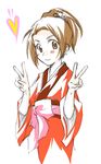  1girl bad_id bad_pixiv_id blush brown_eyes brown_hair fuu japanese_clothes kimono ponytail samurai_champloo smile solo v 