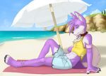  beach beach_umbrella canine claws clothing dog fur hair hot_pants husky lighthouse male mammal navel pkay purple purple_body purple_fur purple_hair sand sea seaside shade shiney shiny shorts silver sitting sneakerfox solo tail towel umbrella water 