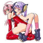  ach ass baby_razz busou_shinki commentary_request dd_(ijigendd) elbow_gloves gloves green_eyes half-closed_eyes humanization lavender_eyes lavender_hair looking_at_viewer multiple_girls pink_hair pink_legwear shiny shiny_clothes simple_background sketch spiked_armlet spiked_boots thighhighs twintails white_background 