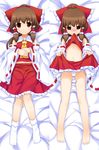  ascot bad_id bad_pixiv_id barefoot blush bow brown_eyes brown_hair dakimakura detached_sleeves flat_chest hair_bow hakurei_reimu lying maebari mouth_hold multiple_views navel no_panties on_back shiratama_dango shirt_lift short_hair skirt skirt_lift touhou 