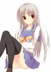  black_legwear blush futami_shion kuwashima_rein long_hair md5_mismatch memories_off memories_off_2nd open_mouth panties red_eyes school_uniform silver_hair sitting skirt solo thighhighs underwear white_panties 